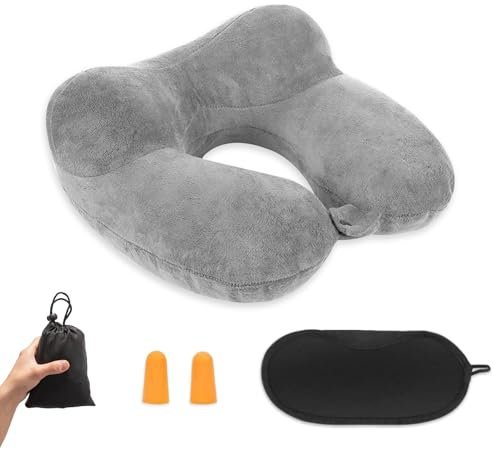 Oreiller de Voyage Gonflable, Compact Coussin de Voyage, Coussin de Voyage Avion Gonflable, Support de Cou en Velours Doux pour l'avion, Le Train, la Voiture et Le Bureau avec Masque pour Dormir, Gris