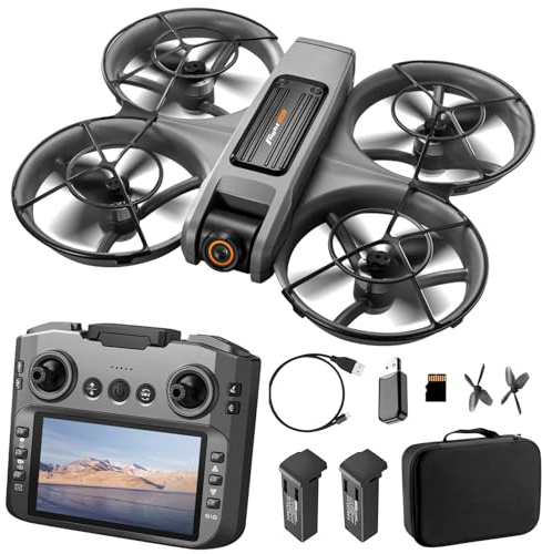 Drohne mit 4.9 Bildschirm-Fernbedienung, HD Dual-Kamera, Brushless-Motor, 360° Flips, optische Stabilisierung, 15min Flugzeit, windresistent, für Einsteiger. (Grau)