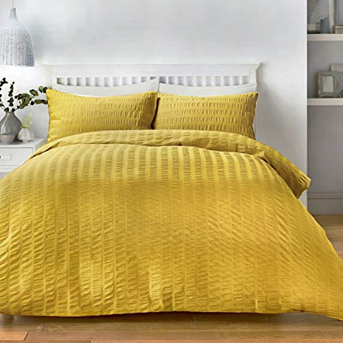 RAYYAN LINEN Seersucker Luxury Duvet Cover Bedding Set with Pillow Cases Ruffled Seersucker Texture (Ochre Yellow, Single)