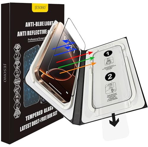 JESOHO Blue Light Screen Protector for iPhone 17 & 16 Pro 6.3 inch | 2 Pack Anti-Reflective Tempered Glass, Eye Protection, Case Friendly, Scratch-Resistant, No Bubble, Easy Installation Kit