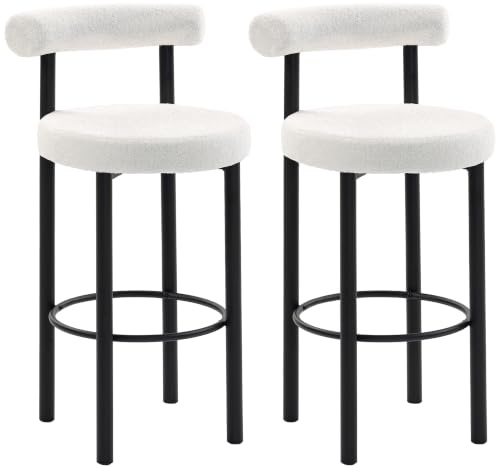 HOMCOM Lot de 2 Tabourets de Bar Tissu Bouclette 50 x 52,5 x 98 cm Blanc | Chaises de Bar, Dossier Incurvé, Repose-Pieds, Pieds en Métal, pour Salle à Manger, Comptoir