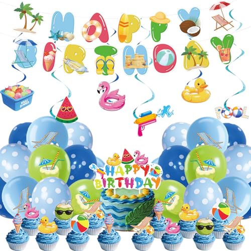 Juego de globos de 52 piezas con temática de verano, playa, piscina, arena para fiestas de cumpleaños, incluyendo decoraciones de cupcakes, globos, banderines y serpentinas, perfecto para decoraciones