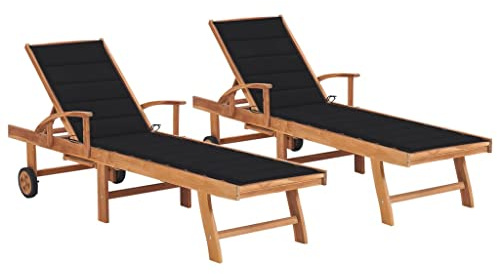 Mhdvray Lettino da giardino in legno di teak, 195 x 59,5 cm, schienale regolabile, 4 posizioni con 2 cuscini, robusto, per esterni, per balcone, piscina, terrazza