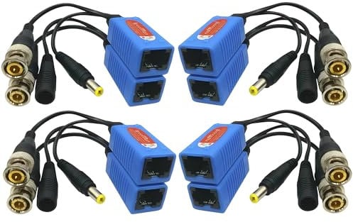 Igreeman 4 Paar passiver Video-Balun BNC auf RJ45 Adapter mit Strom, 1080P-8MP Überwachung Analog Kamera Ethernet Kabel Transceiver, Cat5e/Cat6 Kabel auf BNC Stecker