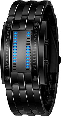 FeiWen Unisex Fashion Casual Binary Stainless Steel Digital Watches for Men and Women Blue LED Light Date Black Wristwatch