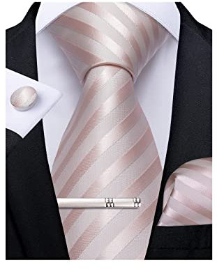 DiBanGu Cravatta da uomo in seta tinta unita a righe plaid cravatta fazzoletto gemello cravatta clip set formale di nozze di affari, 05 rosa., Taglia unica
