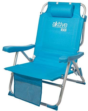AKTIVE Silla plegable de playa 49 x 58 x 80 cm, con cojín, tipo mochila, respaldo reclinable, con dos bolsillos, color azul pastel (53983)