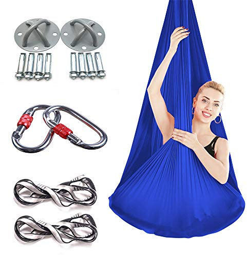 WDMSN Aerial Yoga Hammock Stand Kit Premium Silk Swing Strap Set 5 * 2.8M Antigravity Exercises Frame Trapeze Silks Sling/Inversion Tool for Professional Safety - Lots of Colours,Blue