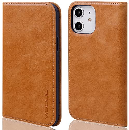 VISOUL Hülle für iPhone 12 Pro, iPhone 12 Handyhülle [100% Echtleder] [Lifetime Garantie] [RFID Schutz] [Kartenfach] [Magnet], TPU Stoßfeste Klapphülle Schutz für iPhone 12/12 Pro 5G 6,1 Gelb