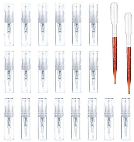 LUCKNIGHT Mini Parfüm Proben Flaschen Tragbare Nachfüllbar Sprühflaschen Kunststoff Leer Sprayer mit Pipette Dropper fur Reise ätherische Öle Parfum Lotion (2ML 20PCS)