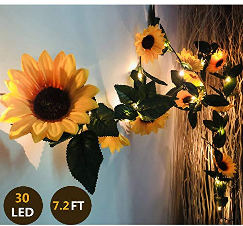 Fielegen 30 LED Künstliche Sonnenblume Girland Lichterkette, 2.2 M Ranken Mit Lichtern Batteriebetriebene Feenlichter für Hochzeit, Valentinstag, Garten Geburtstag Party Dekor