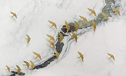 QEETapete Papier Peint Panoramique Texture De Marbre Oiseaux En Vol Papier Peint Nature Intissé Murale Chambre Salon,350x250cm