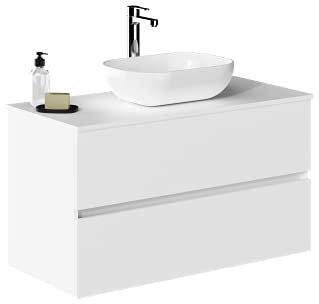 Baikal Baño Onyx, 2 cajones, suspendido en Pared, con Lavabo cerámico. Mueble Montado, Melamina 16,Mueble F46 + Top + Lavabo 90 cm Blanco