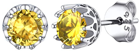 PROSILVER Clous d'Oreilles Couronnés Femme en Argent 925, Puces d'Oreilles Pierre de Naissance Zircon Cubique, Birthstone Studs Earrings