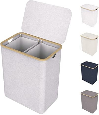 LONBET 150L Cesto Ropa Sucia 2 Compartimentos con Tapa y Estructura de Bambú - Cubo Ropa Sucia con Bolsa Extraíble, Asas Cómodas y Tela Transpirable para Uso Diario - Laundry Basket, Gris Claro