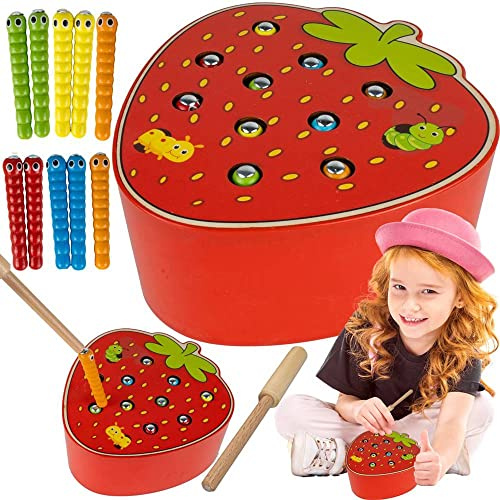 MalPlay Geschicklichkeitsspiel aus Holz die Würmer fangen Magentische Angelnspiel Erdbeere-Entwurmung Holzspielzeug für Kinder ab 3 Jahren