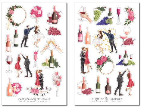 Party Sticker Set - Journal Sticker, Planer Sticker, Aufkleber Wein, Sekt, Cocktail, Hochzeit, Tanzen, Feier, Getränke, Paar, Mann, Frau