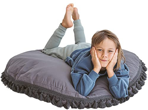 MINICAMP Riesiges Bodenkissen geeignet als Dekoration für Kinderzimmer - aus 100% Baumwolle - mit Bommeln am Rand - weich & bequem - Grau - Extragroß
