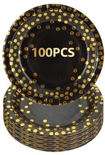 GOYADA 100 PCS Black & Gold Paper Plates, 7 Inch Round Party Plates with Gold Dots for Birthday, Anniversary, Picnic, Wedding Decorations