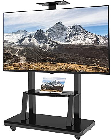 GGZONE Carrello TV Nero Resistente su Ruote per Soggiorno, Adatto A Monitor TV da 65-75 Pollici Supporto TV da Terra con 2 Ripiani, Regolabile in Altezza Beautiful Scenery