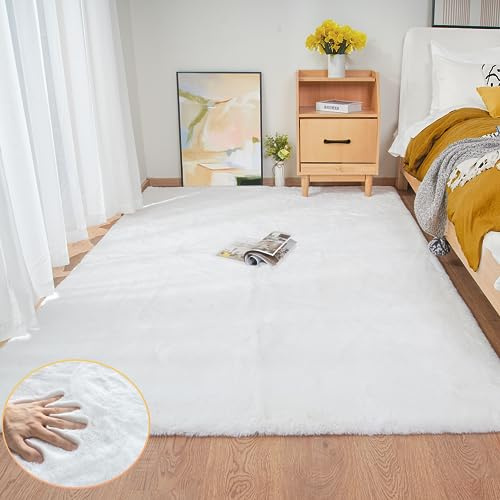 ORINOVA Teppich Wohnzimmer Waschbar Weiß 150x215 cm Schlafzimmer Flauschig Fellteppich Kinderzimmer Kunstfell Teppich Weich Rechteckig