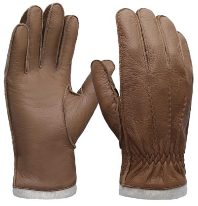 MGGMOKAY Herren Hirschleder Handschuhe Touchscreen Mit Kaschmirfutter,Kamel,L