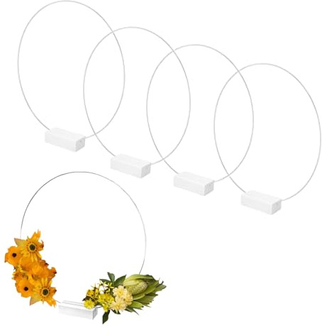 JK Home 4 Stück Tischdekoration Hochzeit Reifen aus Metall Kreis mit Ständer aus Holz Weihnachtskranz Verlobung Wanddekoration DIY Basteln Silber 20 cm