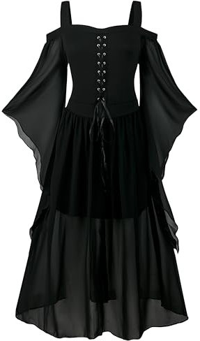 CNVAUIE Renaissance Kostüm Frauen Mittelalterliches Kleid mit Trompetenärmel Gotisch Maxikleid Karneval Halloween Party (Schwarz, M)