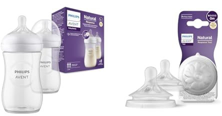 Philips Avent Lot de 2 biberons à Réponse Naturelle de 260 ml & Avent Lot de 2 tétines pour biberon à Réponse Naturelle 0% BPA, Débit 1 pour Nouveau-né de 0 mois (Modèle SCY961/02)
