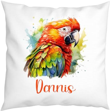 LIEBTASTISCH - Papagei Kissen - Personalisiert - Kinderkissen - Dekokissen - Tiere - Junge - Mädchen - Geschenk - 40cm x 40 cm Kissen mit Füllung. (Papagei 1)