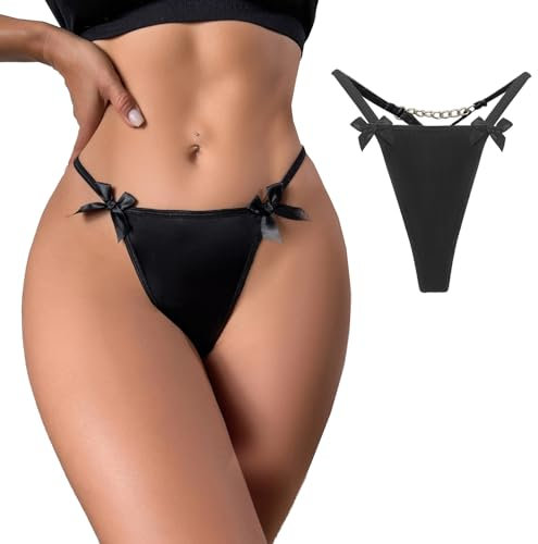 JFAN Strings & Tangas für Damen mit Schleife und Kette Dessous Elastische Unterwäsche Schwarz S