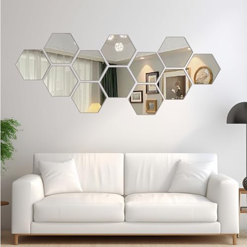 Bosdontek 12 Pezzi Acrilico Specchio Adesivo, Esagonale Specchio Adesivi da Parete Specchi Decorativi, Specchio Adesivo da Parete per Casa Decorazione Soggiorno Camera da Letto (180×156×90mm)