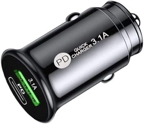 QcPD-Blk QC3.0 20W PD Car Charger Dual USB Car Fast Charging Cigarette Lighter Car Adapter With Type C Cable USB C Car Charger,Total 40W [USB C 20W+USB A 20W] PD3.0 5A Fast Charge (Black Charger)