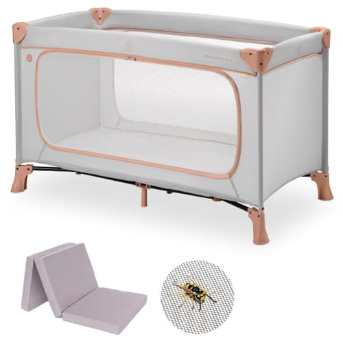 hauck Baby Reisebett Set Dream n Play Plus mit Matratze und Moskitonetz - faltbares Kinder Babyreisebett mit Tasche und großem Eingang - Dusty Cork