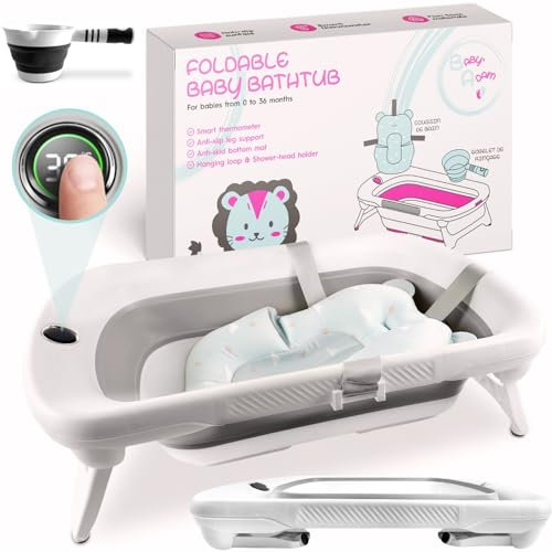 Baby-Adam Baignoire Pliable Bébé avec Siège de bain bébé, Rince tête bébé & Thermomètre Tactile Intégré - Légère & Ultra Compacte, Idéale comme cadeau naissance fille ou garçon -pour bébé de 0 à 3 ans