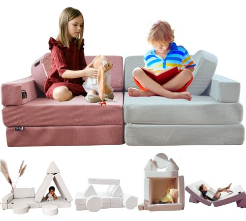 TIPICHOU Spielsofa für Kinder - Kindersofa, ausklappbar, 2-Sitzer, umbaubar in EIN Schlafsofa, Spielplatz, Sessel, Bodenmatratze Kinder (Rosa & Grün, 2-Sitzer)