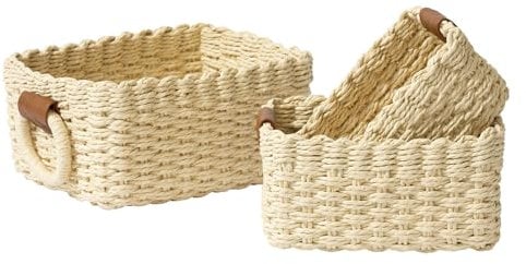 LA JOLIE MUSE/Small Wicker Baskets for Organizing, Recycled Paper Rope Storage Basket Container Bins for Shelves Bathroom Living room, Organizer Set of 3, Beige