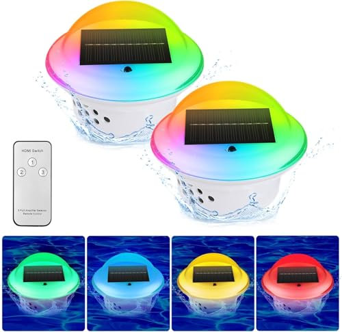 Gudapin Floating Pool Lights, 2PC Solar Pool Lights That Float, RGB Color Changing Waterproof LED Lights, Rechargeable Swimming Pool Lights with Remore, Pool Accessories for Outdoor,Pond,Hot Tub