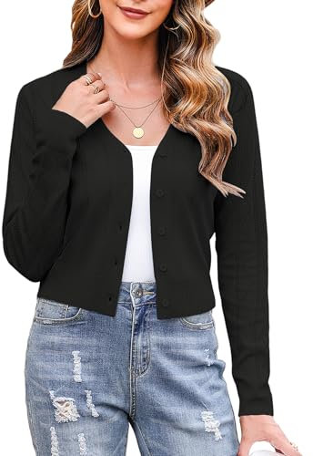 Totatuit Women's Cardigan Bolero Knit Cardigans Button Down V-Neck Cropped Cardigan Long Sleeve Casual Evening Black L