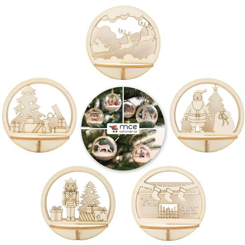 MCE-Commerce A550035 5 Motive Holz Steckteil Weihnachten Acryl Kugel 8 cm, Natur, ø 7,4 cm