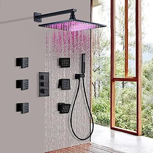 GKPSSURV An der Wand montierter 8-Zoll-Regenduschkopf mit Thermostatmischventil und 6 Massage-Körpersprays und Handbrausen-Kombiset