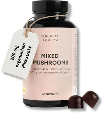 Vitalpilz-Gummies mit Löwenmähne-Pilz, Shiitake-Pilz, Reishi & Chaga-Pilz | 60 Pilz-Gummies mit 200mg Pilzextrakt für Gehirnboost & Wohlbefinden | Vegan & Zuckerfrei | Nordic Oil