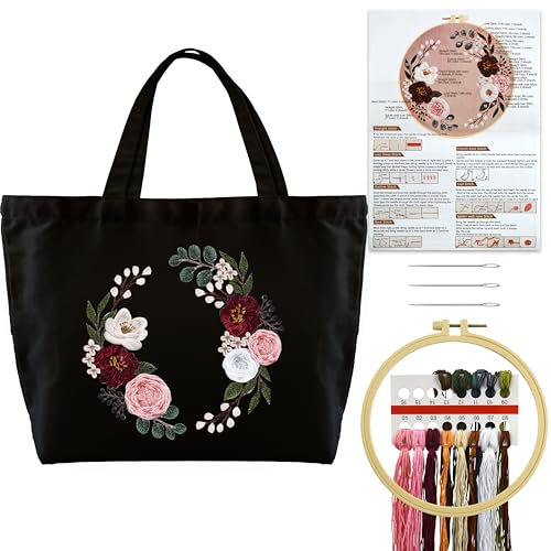 Turmaster Stickerei Set mit Canvas Tote Bag, Stickset für Anfänger, Sticken Set Erwachsene mit Blumenmuster,Stickrahmen,Fäden und DIY Stickerei Werkzeuge,Schwarz