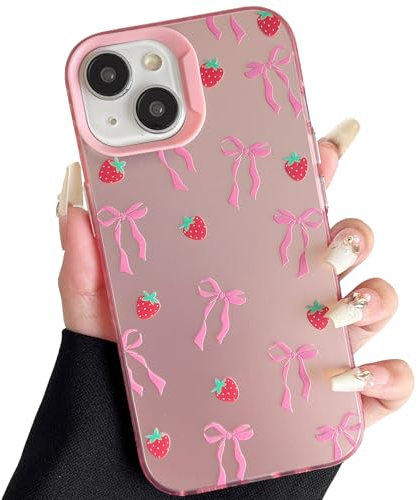 ZTOFERA Pink Case for iPhone 14 Plus/15 Plus (6.7), Aesthetic Phone Case with Cute Ribbon Bowknot Pattern, Glossy Hard PC Back Silicone Bumper Shockproof Protective Cover for Girls Women - Strawberry