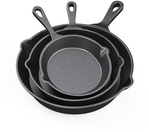 RAINBEAN Pre-Seasoned Cast Iron Skillet 3 Piece Set, Cast Iron Skillet Grill Pan with Handle for Grill, BBQ, Camping Fire, Stovetop, Kitchen and Camping Cookware