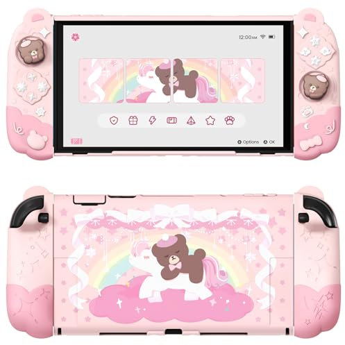 playvital Coque pour Nintendo Switch 2 Console avec Cover Grips Silicone Joycon pour Switch 2 & Capuchon Joystick Étuis Housse Dockable-Rose,Style Ours