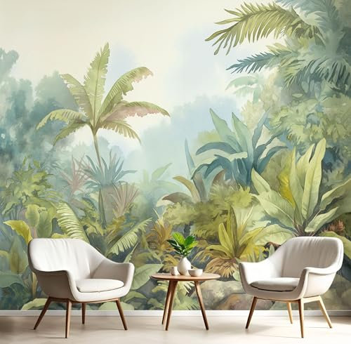 3D Papier Peint Panoramique Tropical Plantes,350× 256cm Vert Sauge Palmiers Grandes Tissus non tissés Murales Poster pour Salon, Adulte Chambre d'enfants, Étude Décoration