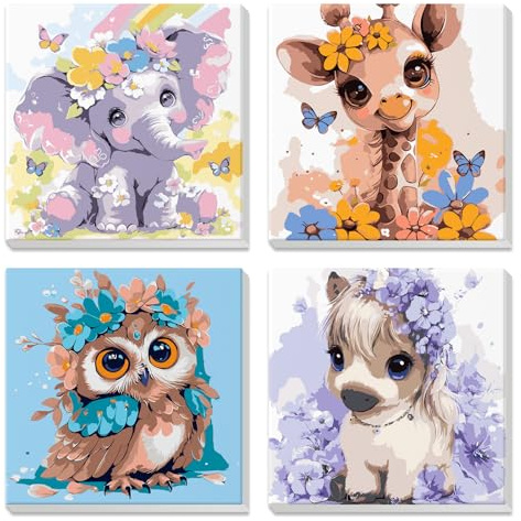 4 Pcs Peinture par Numero Enfant 7 8 9 10 avec Cadre, Éléphant, girafe, hibou, cheval, Peinture sur Toile Acrylique avec Pinceaux, Débutant Adulte Enfant, Décoration Murale Salon Chambre 20x20cm