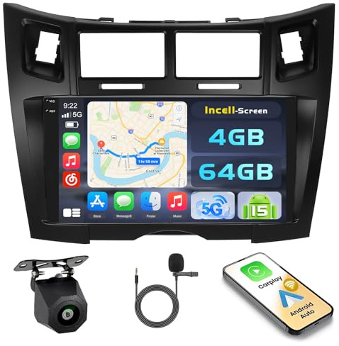 Hikity Android 15 4+64G Autoradio für Toyota Yaris 2005-2011 | Android 15, 4+64G, 9 Zoll Incell Touchscreen, Wireless Carplay Android Auto, Radio BT GPS WiFi Rückfahrkamera + MIC