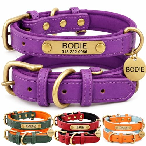 Personalised Leather Dog Collar with Engraved ID Name Plate, Adjustable Comfortable Fit for Small Medium and Large Dogs, Custom Puppy and Adult Dog Collar for Daily Walking